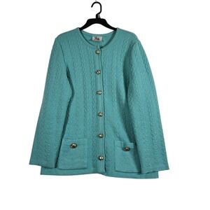 Vintage Mita Cardigan Sweater Womens Plus 1X Teal Blue Gold Button Front Knit
